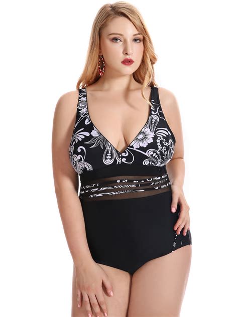 Sayfut Plus Size Swimsuit For Women Deep V One Piece Swimdress Swimwear Floral Printed Element