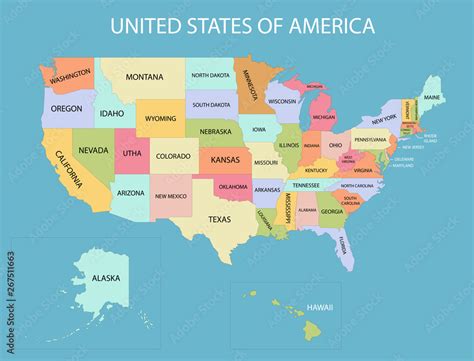 United States America Map With Colors And Names Of States Stock Vector