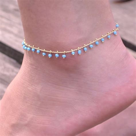 Newest Fashion Blue Black Beaded Ankle Bracelet Bohemian Foot Bracelet Beach Gold Chain Bead
