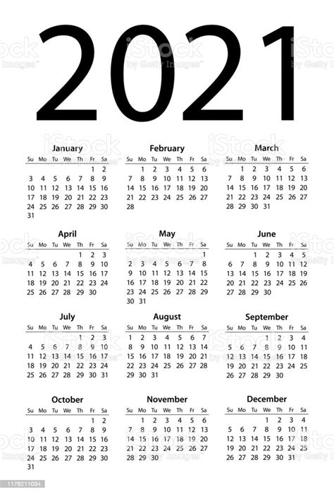 This easy to print 2021 reference calendar makes it easy to quickly look up dates and holidays online and off. Kalender 2021 Einfach Die Tage Beginnen Am Sonntag Stock ...