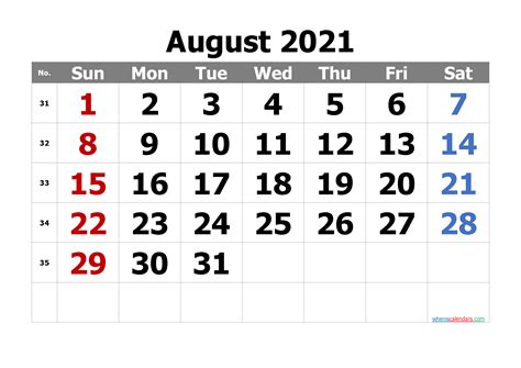 Free Printable August 2021 Calendar 6 Templates