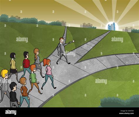 Conceptual Image Of Man Leading Group Of People To The Right Way Stock