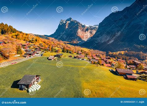 Colorful Autumn View Of Grindelwald Village Valley From Cableway Stock