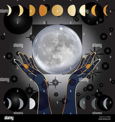Hands Holding The Full Moon On A Starry Background With Moon Phases