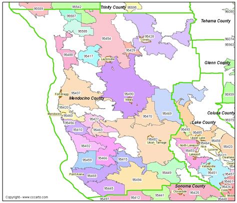 Mendocino Zip Codes Mendocino County Zip Code Boundary Map