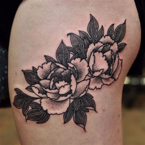 Black And Grey Dot Work Peonies Tattoo On The Outer Thigh By Chris
