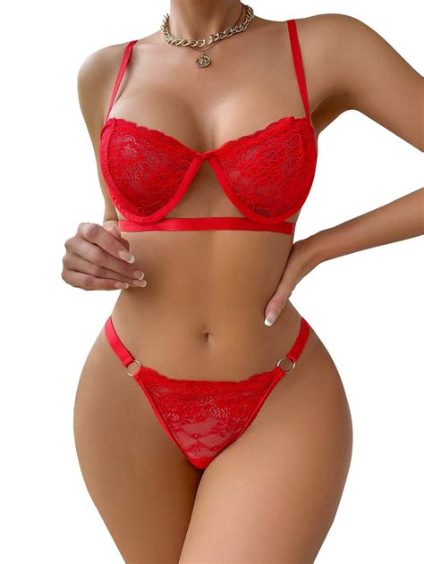 Lilosy Scallop Sexy Underwire Push Up Floral Lace Sheer Lingerie Set