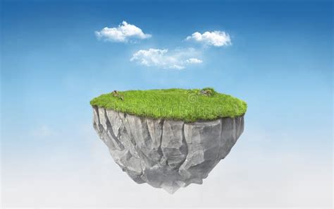 3d Paradise Rock Floating Island With Green Grass Field Surrealism