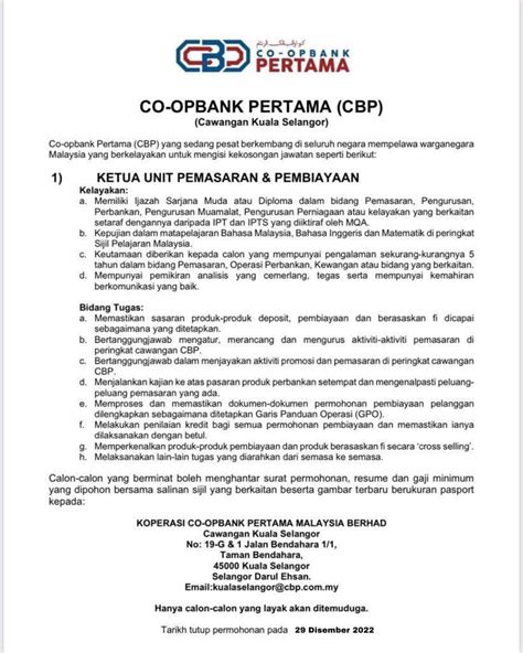 Iklan Jawatan Koperasi Co Opbank Pertama Malaysia Berhad Jobs Hub