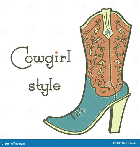 Cowgirl Boot With Floral Pattern And Text Vintage Ladies Cowboy Vector