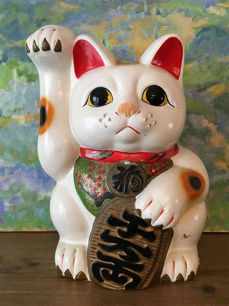 Large White Ceramic Lucky Cat With Plum Blossoms Old Japan