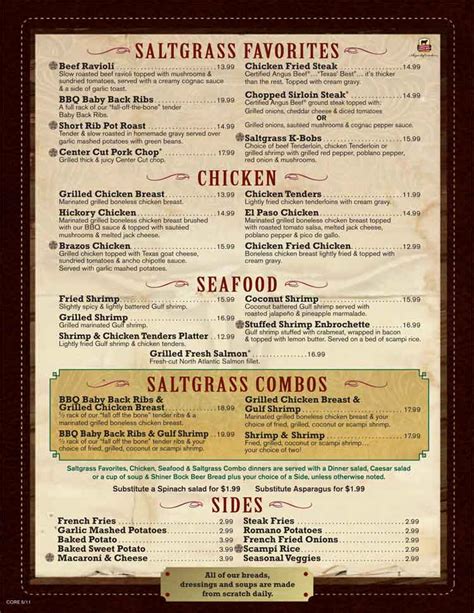 View the latest saltgrass steak house prices for the entire menu including appetizers, soups, salads, sandwiches, burgers average prices. Saltgrass Steakhouse Restaurant Menu on the Riverwalk in ...