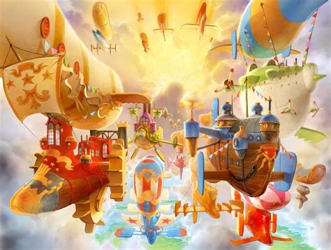 Spineworld Cartoon Airships Steampunk Colorful Wallpaper Anime