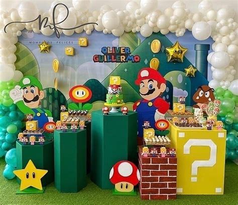 An Image Of A Mario Birthday Party With Balloons And Decorations On The