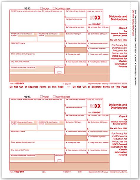 Irs Approved 1099 Div Federal Copy A Laser Tax Form 100 Recipient