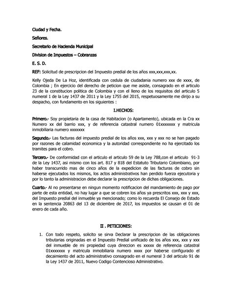 Modelo Derecho De Peticion Prescripcion Impuesto Vehiculos En Colombia PDMREA