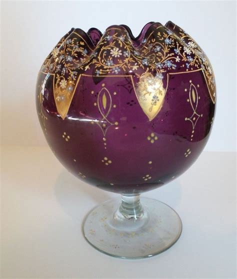 Unusual Antique Moser Art Glass Amethyst Enamel Decorated Pedestal Rose Bowl Ebay Christmas