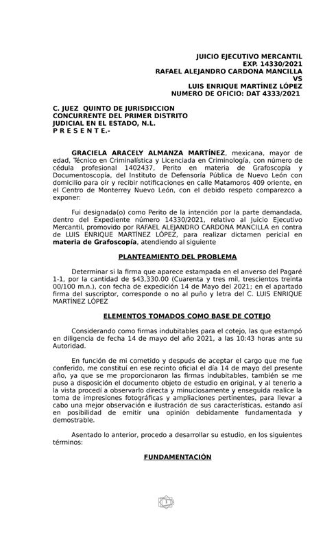 Ejemplo 1 Dictamen Grafoscopia Juicio Ejecutivo Mercantil Exp 14330