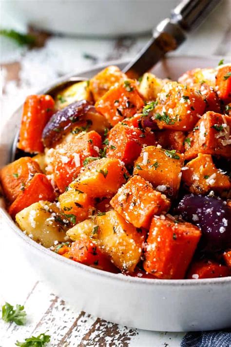 This meal when served as four portions provides 161 kcal, 4g protein, 20g. Roasted Root Vegetables (Maple Balsamic & Parmesan) + Video!