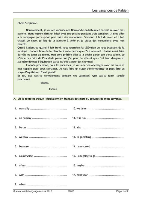Reading Comprehension Holidays Ks3 4 French Teaching Resource Teachit