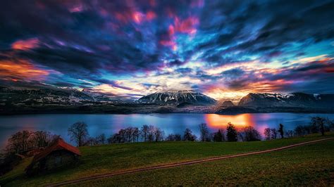 Lake Thun Bernese Alps Switzerland Trees Clouds Colors Sky