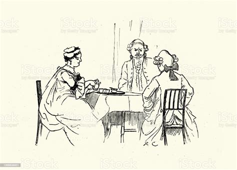 Mature Woman Pouring Cups Of Tea For Two Men Randolph Caldecott Stock