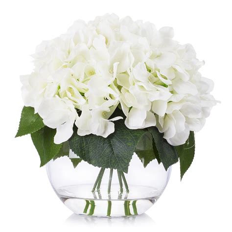 Enova Home Artificial Cream Hydrangea Silk Flowers Arrangement In Clear Glass Vase With Faux