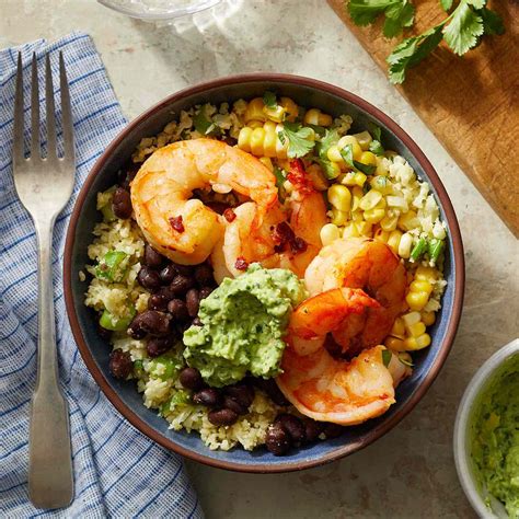 Southwestern Cauliflower Rice Bowls With Shrimp And Avocado Crema Recipe