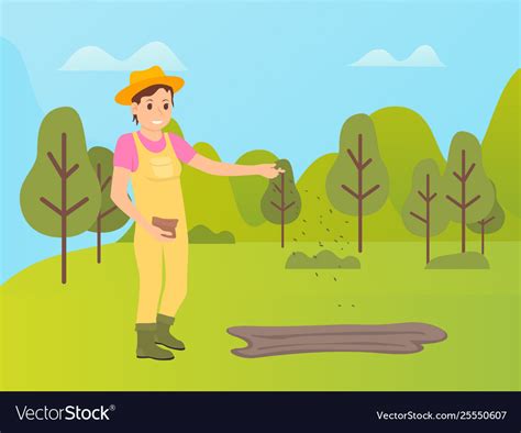 Farmer Woman Sowing Seeds On Field Farming Person Vector Image