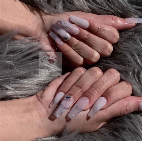 Coffin Clear Ombré And Marble Nails W Partial Bling Acrylic Set