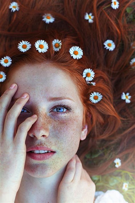 Free Download Hd Wallpaper Women Redhead Model Face Freckles Flowers Blue Eyes