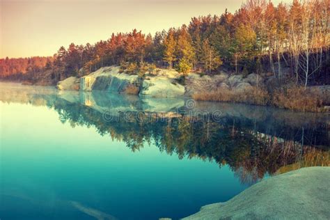 Early In The Morning Sunrise Over A Forest Lake Stock Image Image Of