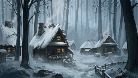 Snowed In Cabins In Forest Fantasy Landscape Fantasy Village
