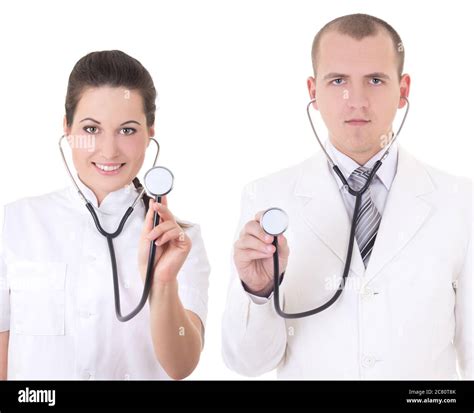 Young Male And Female Doctors With Stethoscopes Isolated On White