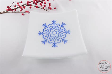 Christmas Fused Glass Holiday Snowy Snowflake Plate 6 Inch Square T Idea Glass Art By Margot
