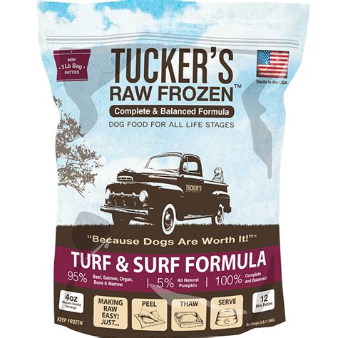 Delicious meats from duck to chicken! Tucker's Frozen Turf & Surf Formula Raw Food For Dogs ...