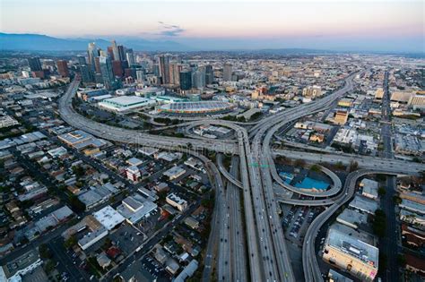 The Downtown Los Angeles California And The City Traffic At Dusk Stock