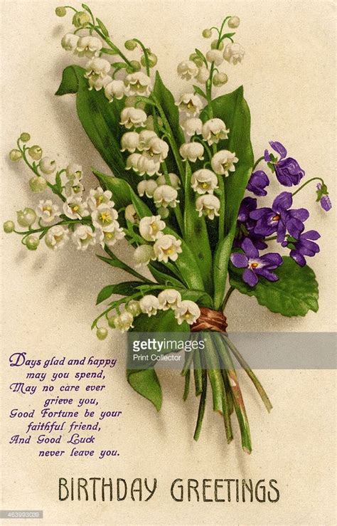 Birthday Greetings C1928 Lily Of The Valley And Violet Spray Bouquet