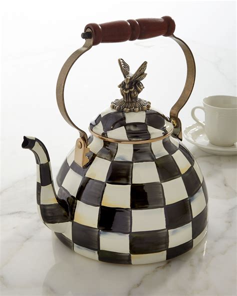 Mackenzie Childs Courtly Check 3 Quart Tea Kettle With Butterfly