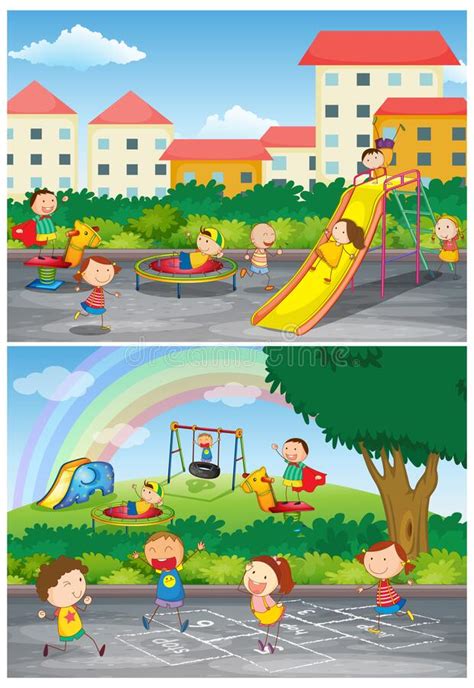 Set Of Children Playing At Playground Scenes Stock Vector