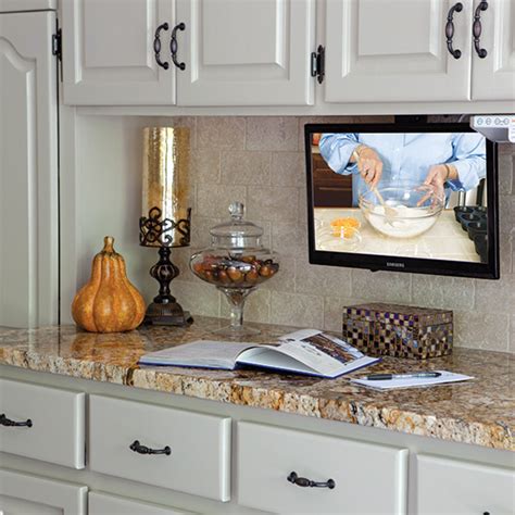 Under cabinet mounted tvs are perfect for the kitchen or any small space. Kitchen Makeover Done Right-Cooking with Paula Deen