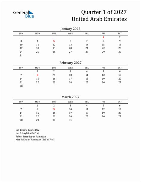 Q1 2027 Quarterly Calendar With United Arab Emirates Holidays