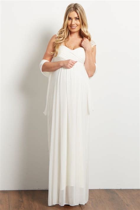 Ivory Lace Accent Chiffon Maternity Evening Gown Maternity Evening