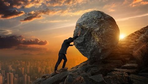 Premium Photo Business Man Pushing Large Stone Up To Hill Business