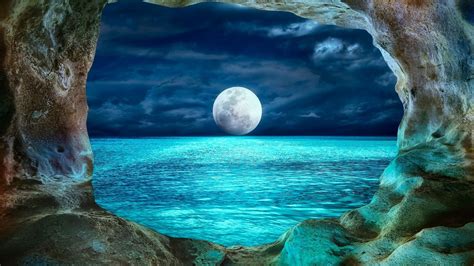 View Of Full Moon From Ocean Cave Hd Wallpaper