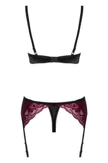 Obsessive Womens Sexy Lace Bra Thong Garter Belt Set 842 Seg 5 Dark Red Black