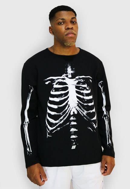 camiseta alkary esqueleto manga longa preto compre agora kanui brasil