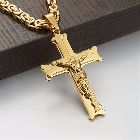 Gold Tone Jesus Cross Necklaces And Pendants For Men Stainless Steel