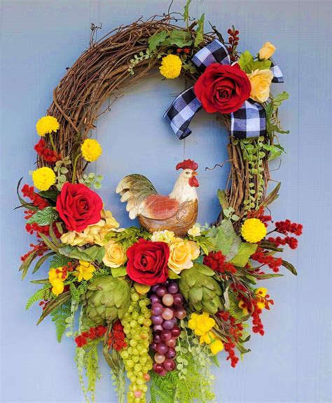 French Country Wreath Rooster Grapes Artichokes Floral Kitchen Door