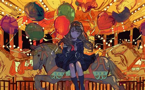 Download 1680x1050 Wallpaper Ferris Wheel Anime Girl Balloons Art